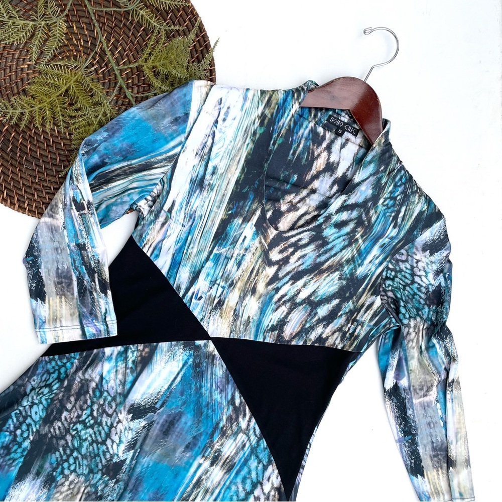 Boho Chic Women’s Shirt Blouse Blue Mixed Print Color Block Stretch Small